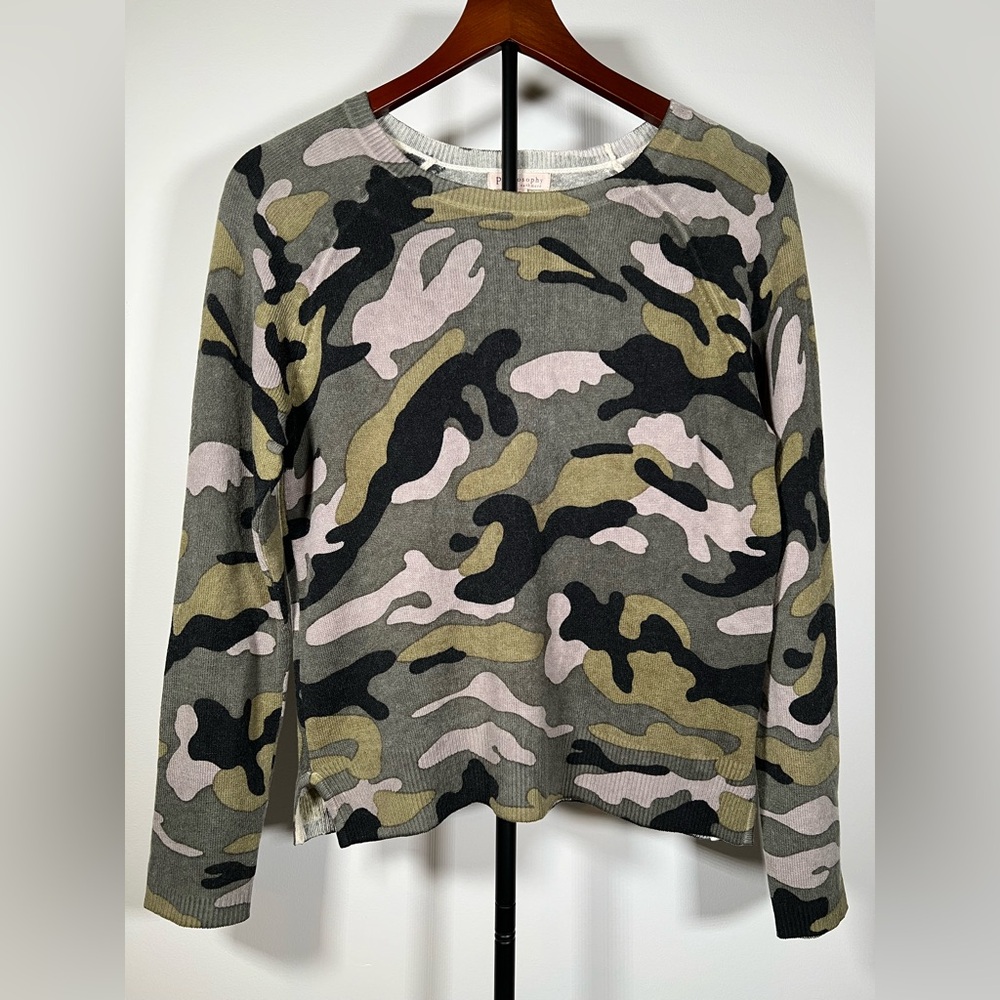EUC Philosophy 100% Cashmere Y2K Crew Neck Sweater Green Camo Pullover, Sz Small